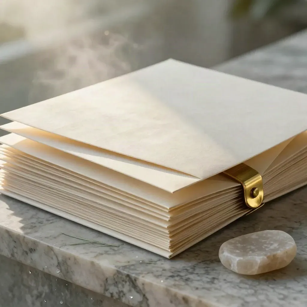 Dossier de consultoría marfil con carpeta, sobre sellado y piedra, sobre plinto de travertino.