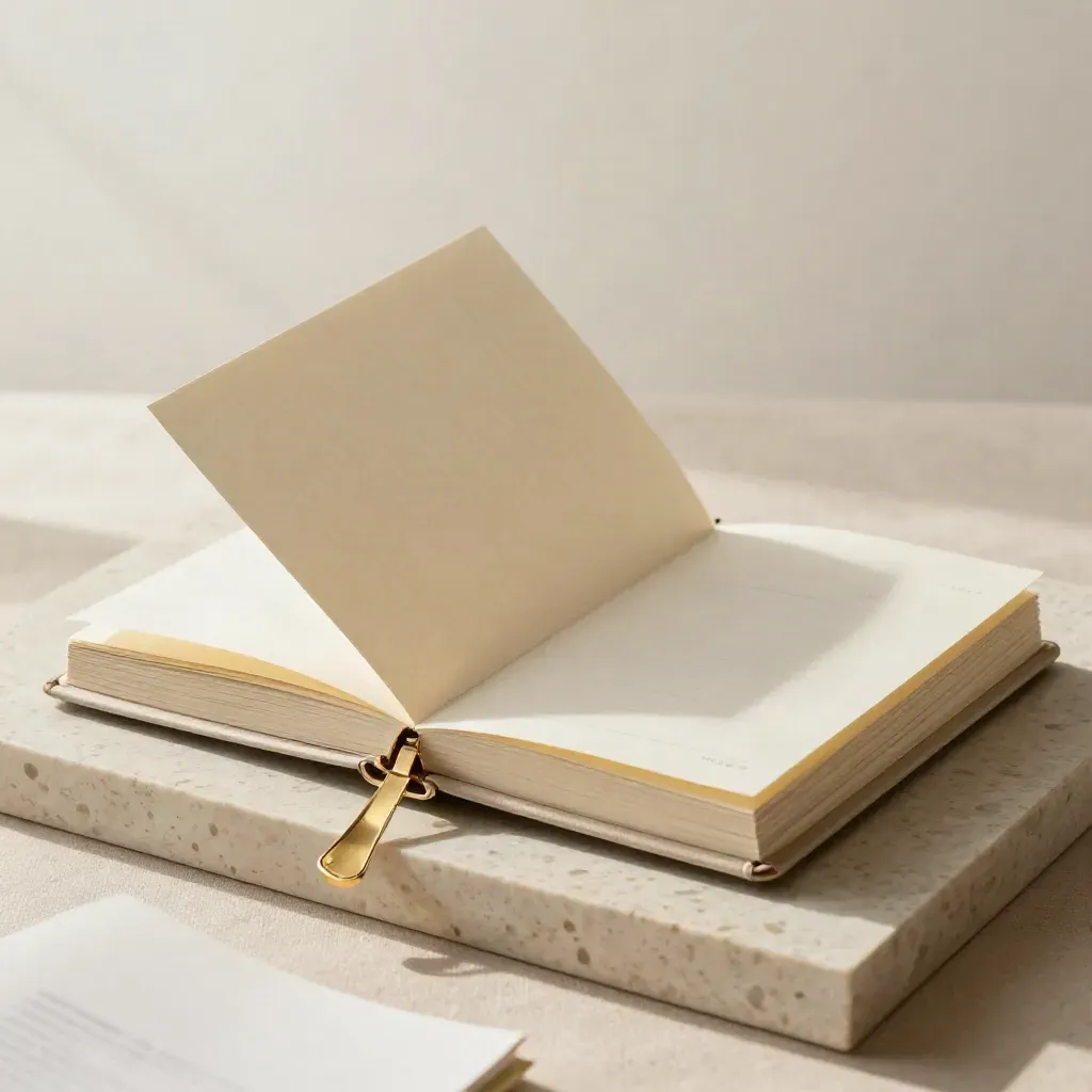 Folio de arranque en travertino con tarjeta crema y detalles dorados.