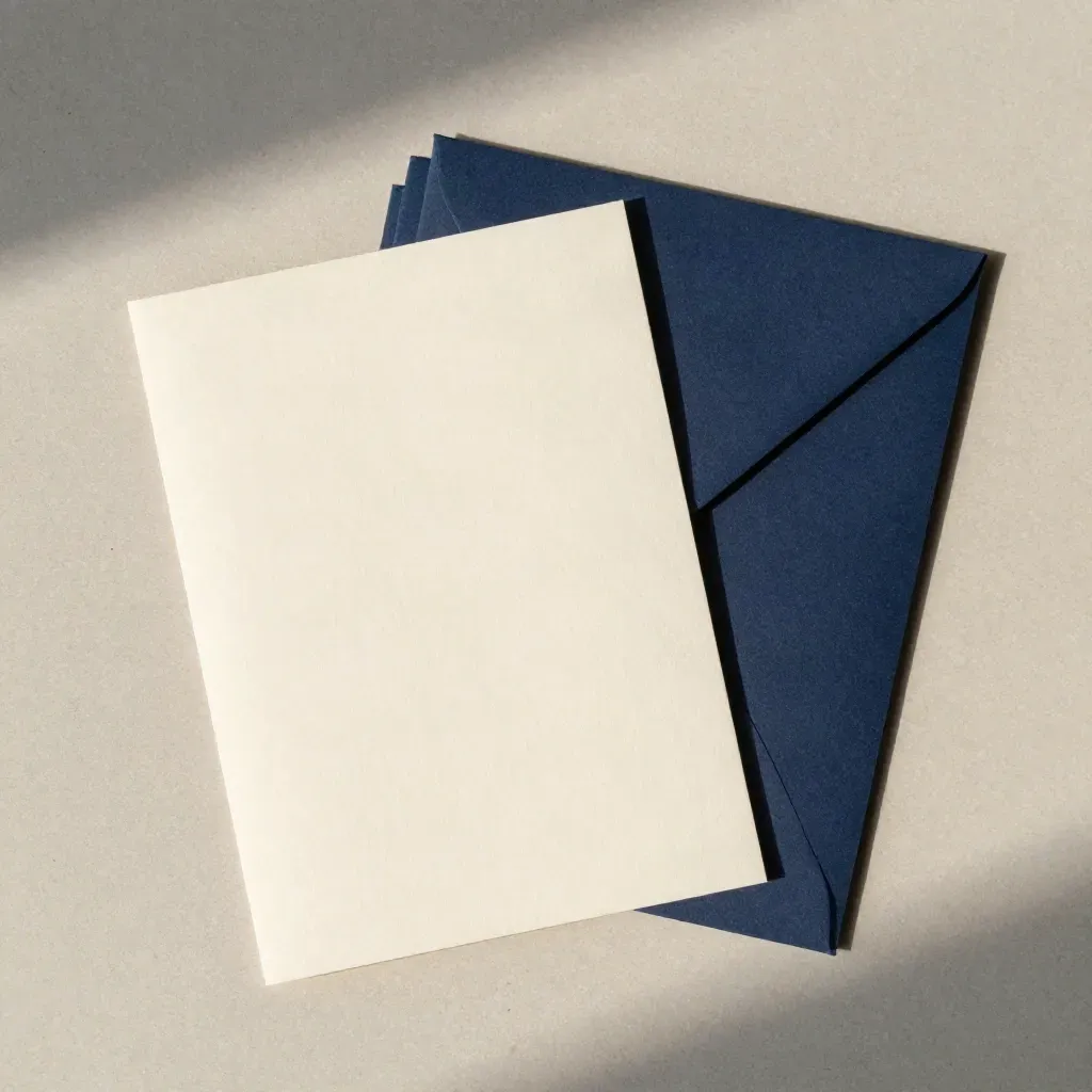 Tarjetas de respuesta crema y azul marino con sobres finos, en macro cenital editorial.